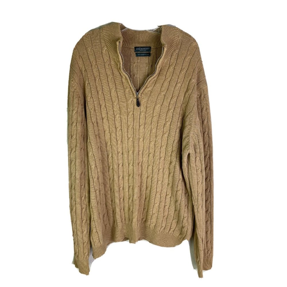 Lyle & Scott Scotland Mens Large Cable Knit 1/4 Zip Sweater Tan 100% Cotton EUC